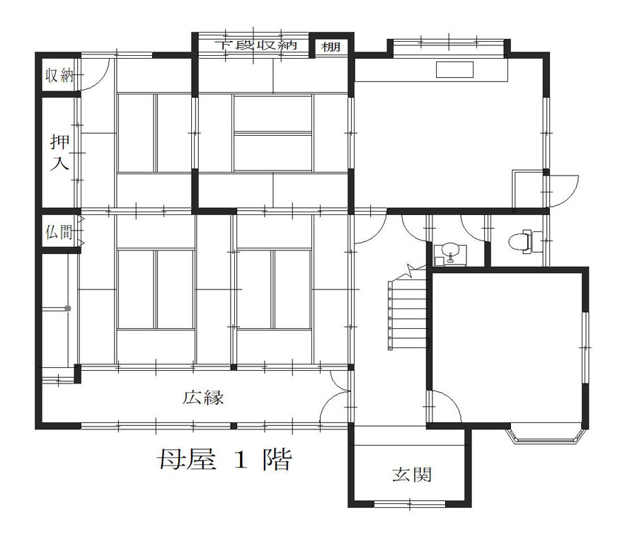 Floor plan for 1980s wood house with storehouses in Hiyoshi, Nantan