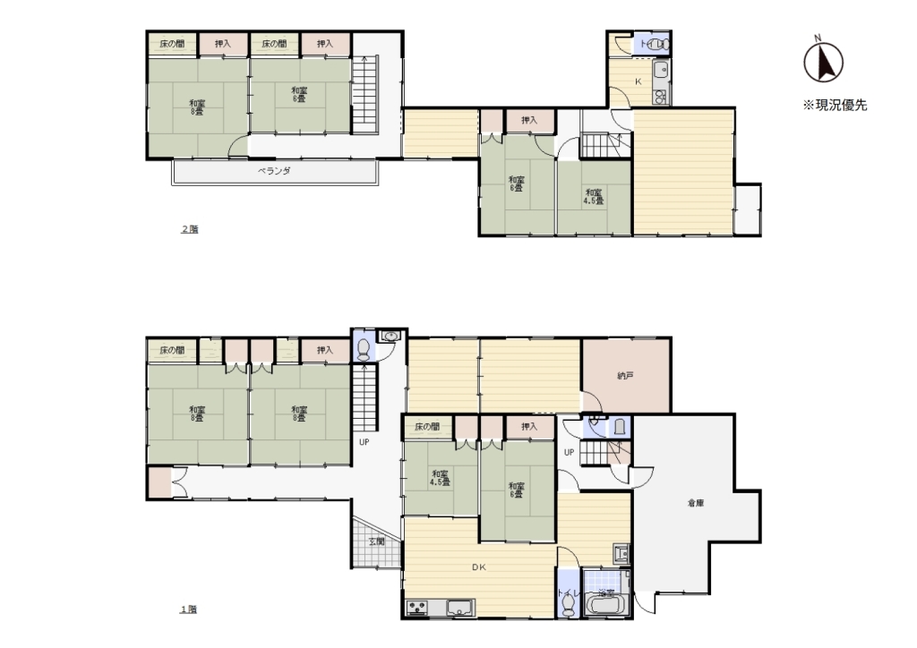 Floor plan for 2-story residential building with many rooms on a south-facing open plot adjacent to a national highway. Suitable for dual-family housing or private lodging use.