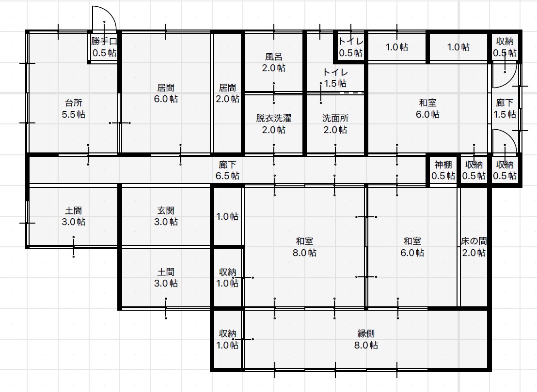 Floor plan for 1970s wood house on a large plot in Tashirogawara, Kinko