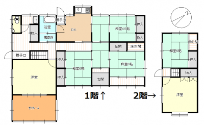 Floor plan for 1950s wood house, 16-min walk to station, Tottori