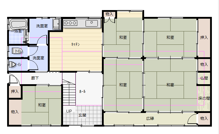 Floor plan for 1970s wood house with storehouses in Kyotango, Kyoto