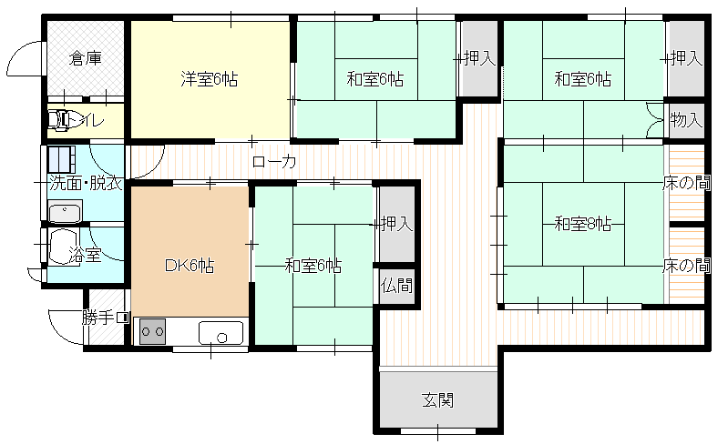 Floor plan for [Price Reduction] Ainan Town Nakanoura, House for Sale, 5DK, 4.8M yen, Spacious, well-maintained Japanese house with multiple rooms 6+ tatami; IH system kitchen; registered in municipal Akiya Bank