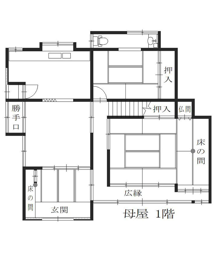 Floor plan for 1980s wood house with outbuildings in Miyama, Nantan