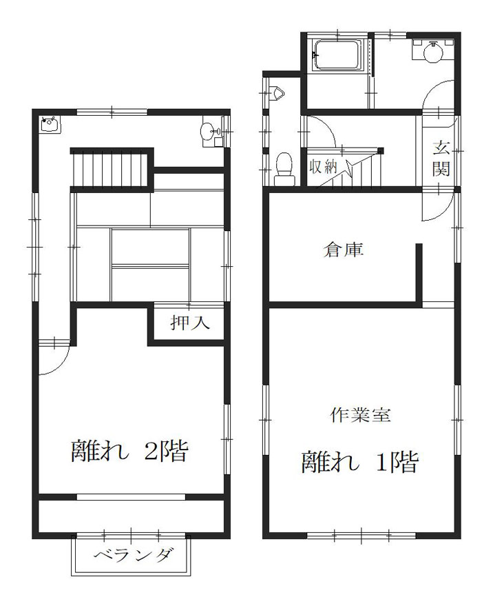 Floor plan for 1980s wood house with outbuildings in Miyama, Nantan