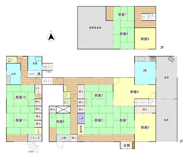 Floor plan for 1980s wood house with storehouses in Oita