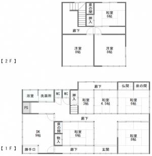 Floor plan for 1970s wood house with outbuildings in Niigata